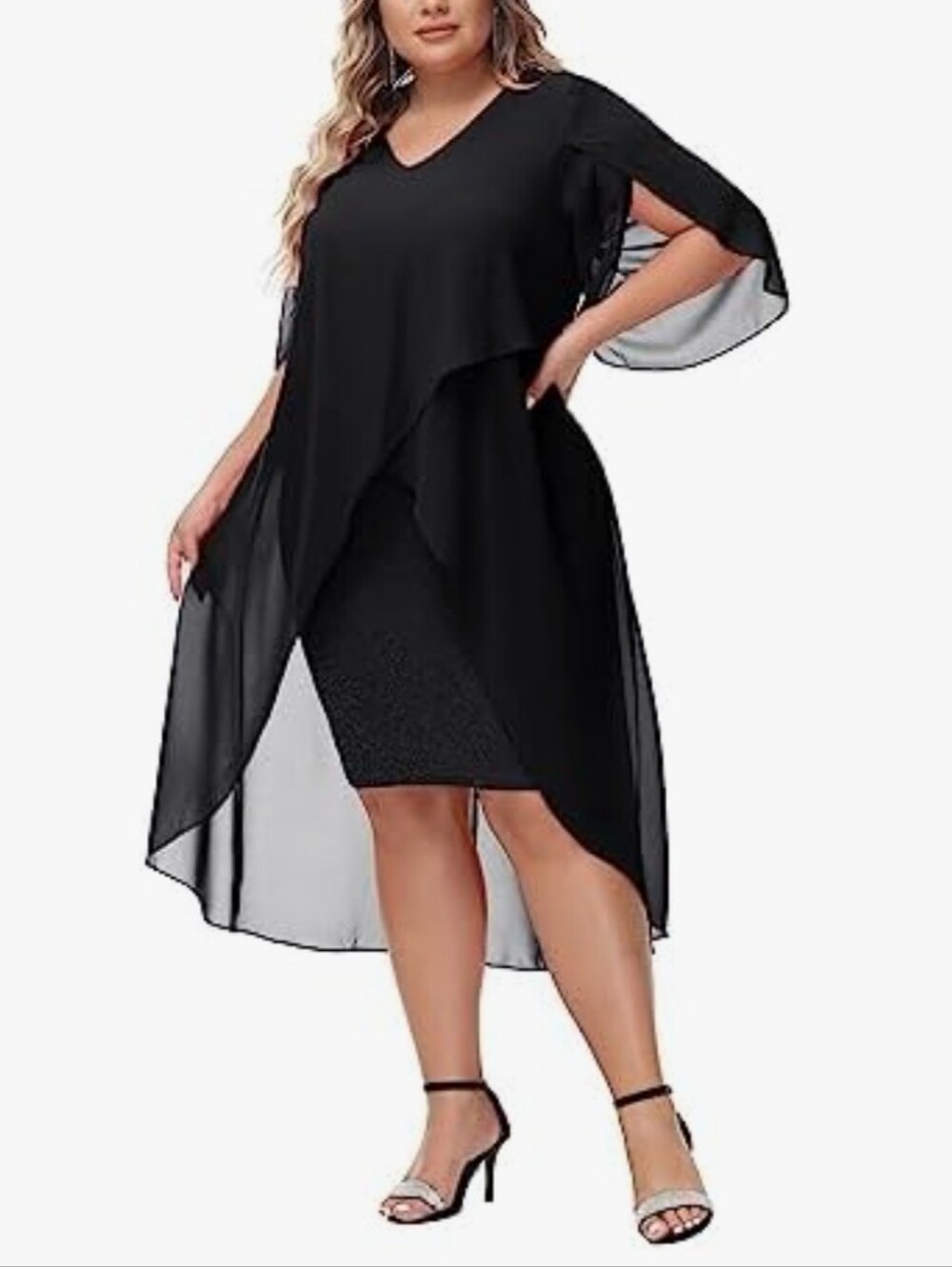 Hanna Nikole Black Layered Long-Sleeve V-Neck Evening Dress Size 16 NWT